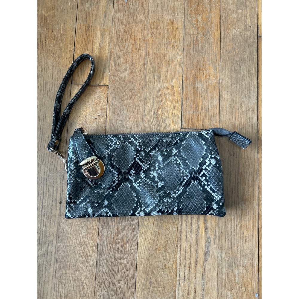 Olivia Miller Madras Snakeskin Print Wristlet Clutch Grey Black Leopard Lining